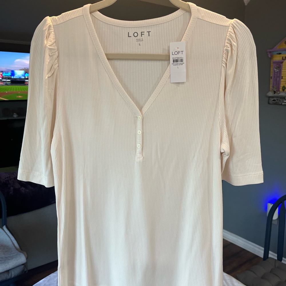 LOFT Cream Ribbed Short Sleeve Henley Top